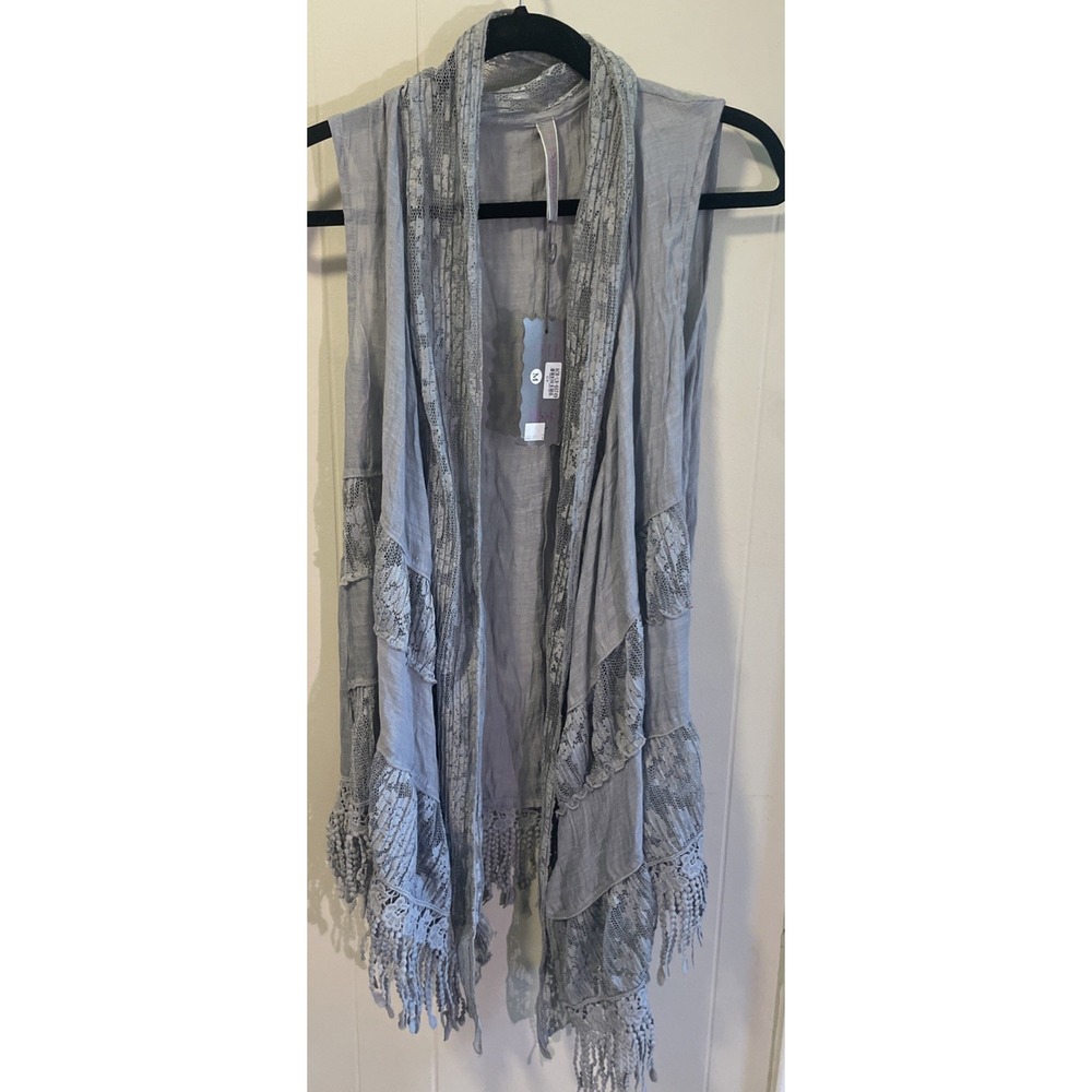 Pretty Angel Gray Lace Sleeveless Cardigan Vest Overlay Boho Hippie Top M B4